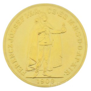 1908KB 100K Au Ferenc József Körmöcbánya kapszulában, jelzetlen Artex-utánveret(?) (34,07g/0.900) T:UNC,AU Hungary 1908KB 100 Korona Au Franz Joseph I Kremnitz / Kremnica in capsule, unmarked Artex restrike(?) (34,07g/0.900) C:UNC,AU Adamo K10, Krause