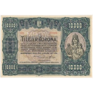 1920. 10.000K Orell Füssli Zürich MINTA perforációval és piros 000 - 000000 sorszámmal T:XF Hungary 1920. 10.000 Korona with MINTA (SPECIMEN) perforation and with red 000 000000 serial number C:XF Adamo K41M1a