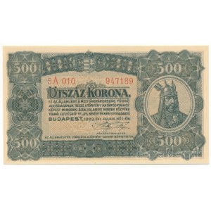 1923. 500K 5 A 010 947189 nyomdahely-jelölés nélkül T:AU Hungary 1923. 500 Korona 5 A 010 947189 without printer's mark C:AU Adamo K34, Krause P#74