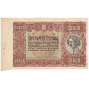1923. 50.000K alacsony E 131 000870 sorszámmal, ívből kivágva, ívszéllel T:VF hajtatlan, de kisebb szakadás az ívszélen és több helye kisebb hajlások Hungary 1923. 50.000 Korona with low E 131 000870 serial number handcut from sheet and sheet edge C:V