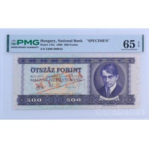1990. 500Ft E 000 000943 sorozat és sorszámmal, piros MINTA felülnyomással és perforációval, eredeti PMG tokban T:UNC (65 Gem Uncirculated) Hungary 1990. 500 Forint with E 000 000943 serial number and with red MINTA (SPECIMEN) overprint and perfor