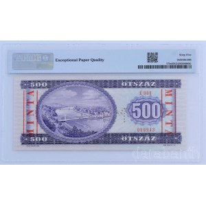 1990. 500Ft E 000 000943 sorozat és sorszámmal, piros MINTA felülnyomással és perforációval, eredeti PMG tokban T:UNC (65 Gem Uncirculated) Hungary 1990. 500 Forint with E 000 000943 serial number and with red MINTA (SPECIMEN) overprint and perfor