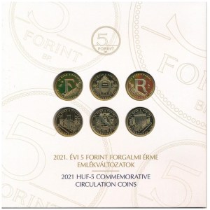 2021. 5Ft Cu-Ni-Zn 75 éves a Forint (6xklf) + 5Ft-200Ft (6xklf) forgalmi sor 75 éves a Forint dísztokban T:PP