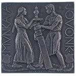 Beck Ötvös Fülöp (1873-1945) 1926. "Munka a jövőnk / 1926. II-ik Orsz. Kézművesipari Tárlat " névre szóló ezüstözött bronz plakett (70x68mm) T:AU,XF