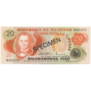 Fülöp-szigetek DN (1973-1978) 20P fekete SPECIMEN bélyegzéssel, 001372 sorszámmal T:UNC,AU hullámos papír Philippines ND (1973-1978) 20 Piso with black SPECIMEN overprint and 001372 serial number C:UNC,AU wavy paper Krause P#155s