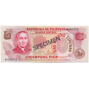 Fülöp-szigetek DN (1973-1978) 50P fekete SPECIMEN bélyegzéssel, 001372 sorszámmal T:UNC hullámos papír Philippines ND (1973-1978) 50 Piso with black SPECIMEN overprint and 001372 serial number C:UNC wavy paper Krause P#156s