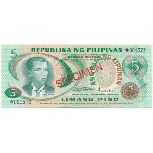 Fülöp-szigetek DN (1979) 5P piros SPECIMEN bélyegzéssel, 001372 sorszámmal T:UNC Philippines ND (1979) 5 Piso with red SPECIMEN overprint and 001372 serial number C:UNC Krause P#160s