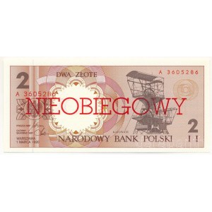 Lengyelország 1990. 2Zl piros NIEOBIEGOWY (minta) bélyegzéssel mindkét oldalon, A 3605286 sorszámmal T:UNC Poland 1990. 2 Zlotye with red NIEOBIEGOWY (specimen) overprint and A 3605286 serial number C:UNC Krause P#165s