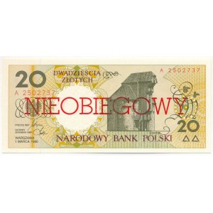 Lengyelország 1990. 20Zl piros NIEOBIEGOWY (minta) bélyegzéssel mindkét oldalon, A 2502737 sorszámmal T:UNC Poland 1990. 20 Zlotych with red NIEOBIEGOWY (specimen) overprint and A 2502737 serial number C:UNC Krause P#168s