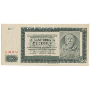Német Harmadik Birodalom / Cseh-Morva Protektorátus 1942. 1000K Ca 024786, SPECIMEN (MINTA) perforációval, 2. kiadás T:AU,XF sarokhajtások German Third Reich / Protectorate of Bohemia and Moravia 1942. 1000 Korun Ca 024786 with SPECIMEN perforatio