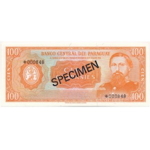 Paraguay DN (1963) 100G fekete SPECIMEN bélyegzéssel, 000848 sorszámmal T:UNC Paraguay ND (1963) 100 Guaranies with black SPECIMEN overprint and 000848 serial number C:UNC Krause P#199s