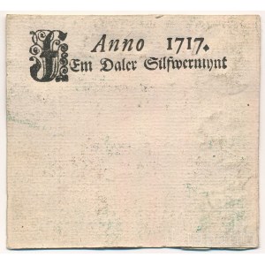 Svédország 1717. 5D kitöltetlen (nulla aláírás) T:AU Sweden 1717. 5 Daler unfilled (zero signatures) C:AU