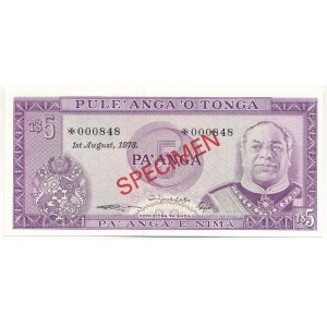 Tonga 1978. 5P piros SPECIMEN bélyegzéssel, 000848 sorszámmal T:UNC Tonga 1978. 5 Pa'anga with red SPECIMEN overprint and 000848 serial number C:UNC Krause 21.s
