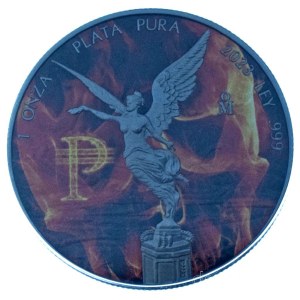 Mexikó 2023. Golden Noir Series - Burning Libertad 1 uncia Ag érme, ruténiummal bevont multicolor érme, kapszulában, eredeti fa dísztokban, 274/500 sorszámú tanúsítvánnyal T:UNC Mexico 2023. Golden Noir Series - Burning Libertad 1 ounce Ag coin, mul