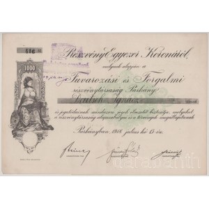 1918. Párkány Fuvarozási és Forgalmi részvénytársaság részvénye 1000K-ról, szárazpecséttel, csehszlovák bélyeggel, szelvényekkel T:XF Hungary 1918. Fuvarozási és Forgalmi részvénytársaság (Transport and Traffic Joint Stock Company) about 1000 Kronen w