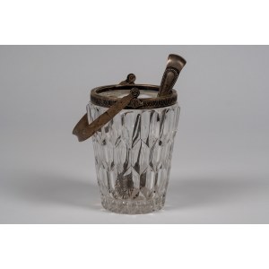 Cut crystal and silver ice bucket with tongs