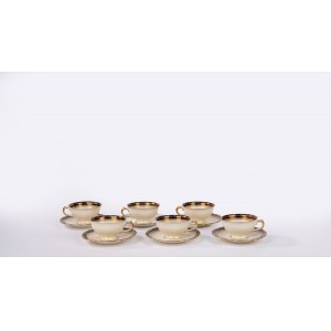 Six white porcelain coffee cups with blue and gold rims, KPM, 20th century