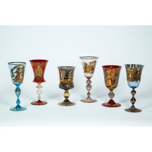 A collection of six polychrome Murano glass bowls of various sizes, hand-cut and decorated with gold and mythological motifs. Early 20th century.