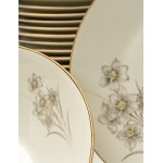 White porcelain dinner service with a gold rim and floral motifs, Krone