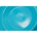 Fenton round basket in blue satin glass with arched handle and wavy edge decorated in relief with leaves and fruit, 70s-80s