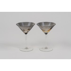 Pair of Murano glass cocktail glasses with colorless foot and stem and smoked bowl, 20th century