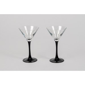 Pair of clear Murano glass cocktail glasses with black stem and base, 20th century