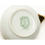 White porcelain coffee set with gold handles and a gold band along the edge. Verbano Laveno