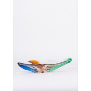 Clear crystal centerpiece with blue, green, and orange accents, 1950s