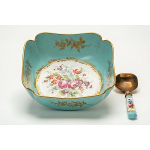 Square polychrome porcelain salad bowl with ladle, Pillivuyt France