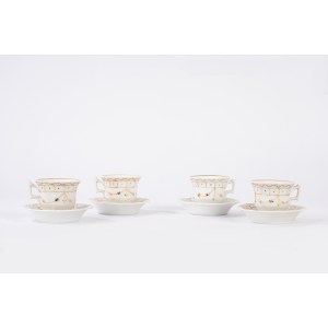 Four white and gold porcelain coffee cups with saucers, Ginori