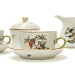Porcelain tea set with gold trim and butterfly and bird decoration. Herend Hungary.