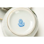 Porcelain tea set with gold trim and butterfly and bird decoration. Herend Hungary.
