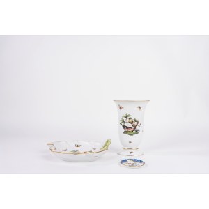 Lot consisting of a vase, a leaf-shaped plate, and a porcelain saucer, Herend, Hungary