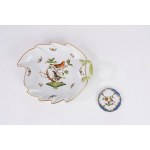 Lot consisting of a vase, a leaf-shaped plate, and a porcelain saucer, Herend, Hungary