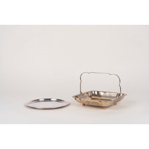 Silver-plated candy basket, England, and silver-plated metal saucer