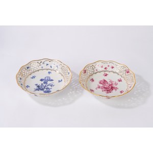 Two white porcelain baskets decorated in pink and blue polychrome, Schuman, Germany