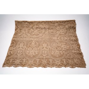 Rectangular Burano lace tablecloth featuring rich floral motifs on a mesh background. Includes twelve napkins.