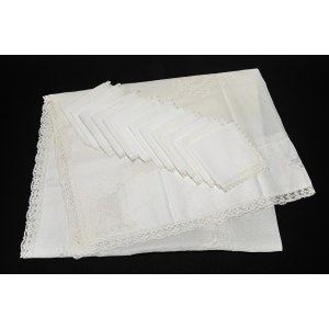 Tablecloth embroidered with inlaid flowers, featuring sheer organdy inserts and a lace border, with 12 napkins