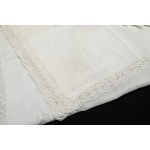 Tablecloth embroidered with inlaid flowers, featuring sheer organdy inserts and a lace border, with 12 napkins