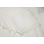 Tablecloth embroidered with inlaid flowers, featuring sheer organdy inserts and a lace border, with 12 napkins