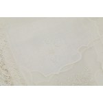 Tablecloth embroidered with inlaid flowers, featuring sheer organdy inserts and a lace border, with 12 napkins