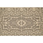 A richly decorated rectangular tablecloth featuring floral motifs in linen and lace, with twelve matching napkins