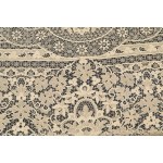 A richly decorated rectangular tablecloth featuring floral motifs in linen and lace, with twelve matching napkins