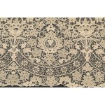 A richly decorated rectangular tablecloth featuring floral motifs in linen and lace, with twelve matching napkins
