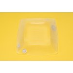 Clear glass bread basket with silver foil daisy inserts.