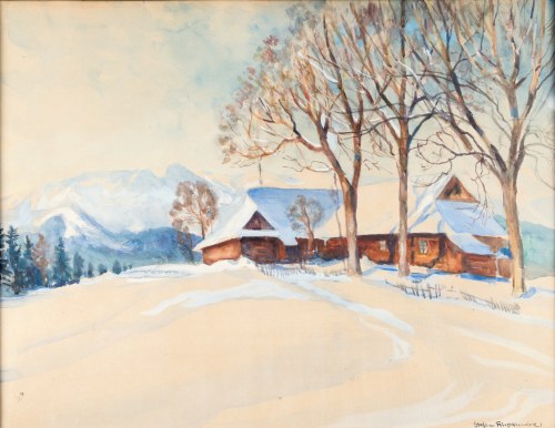 Stefan FILIPKIEWICZ (1879-1944), Pejzaż zimowy z chatami