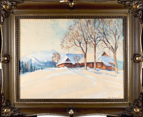 Stefan FILIPKIEWICZ (1879-1944), Pejzaż zimowy z chatami