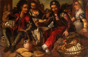 Artista fiammingo, fine XVI - inizio XVII secolo, Market scene with sellers of poultry, eggs, and bread