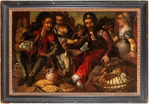 Artista fiammingo, fine XVI - inizio XVII secolo, Market scene with sellers of poultry, eggs, and bread