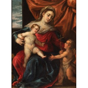 Artista emiliano, fine XVI - inizio XVII secolo, Virgin with Child and Saint John the Baptist